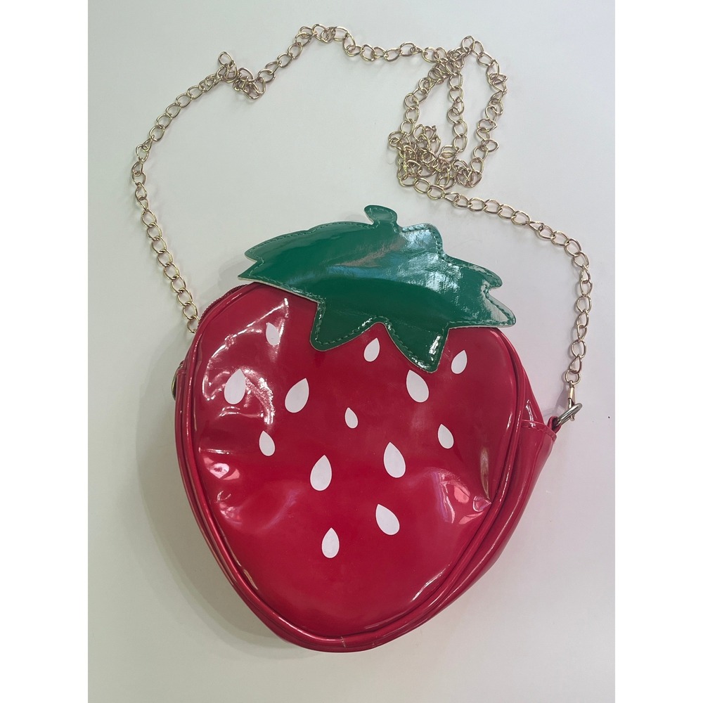 Red Strawberry Novelty Crossbody Bag Patent Faux Leather Gold Chain Strap